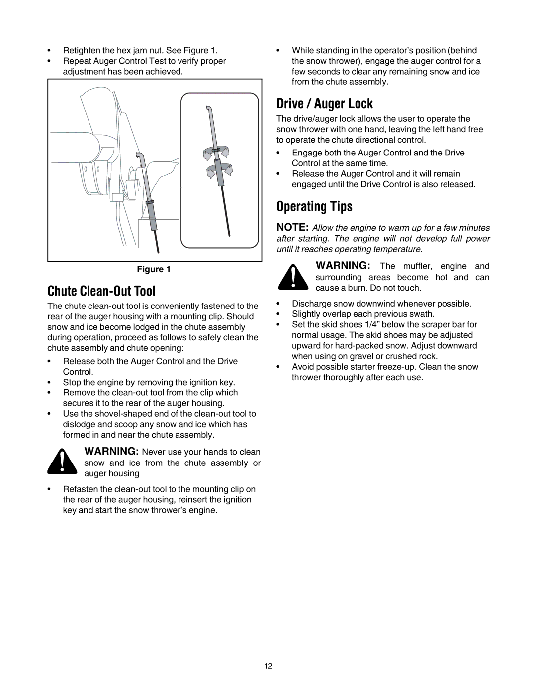 Troy-Bilt 9528, 7524 manual Chute Clean-Out Tool, Drive / Auger Lock, Operating Tips 