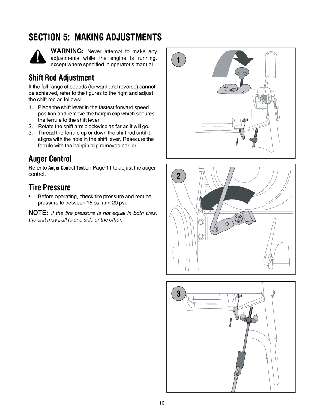 Troy-Bilt 7524, 9528 manual Shift Rod Adjustment, Tire Pressure 