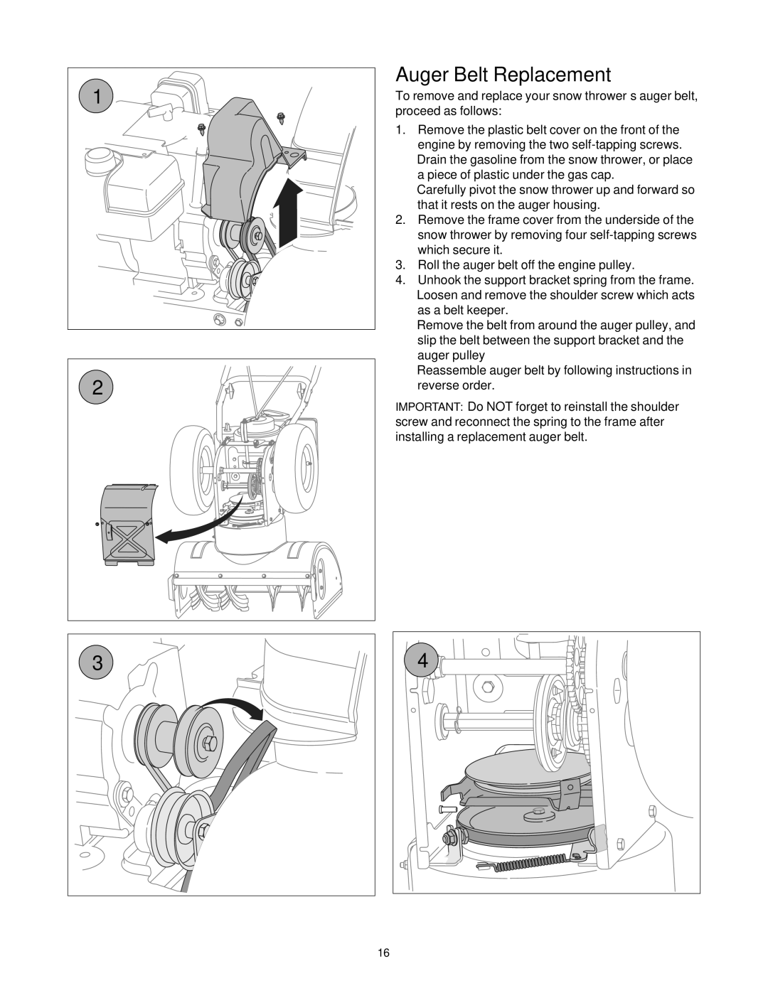 Troy-Bilt 9528, 7524 manual Auger Belt Replacement 