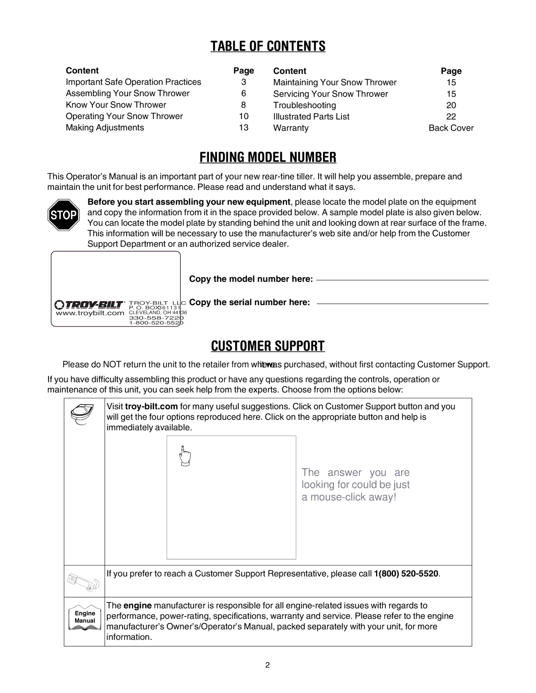 Troy-Bilt 9528, 7524 manual Table of Contents 