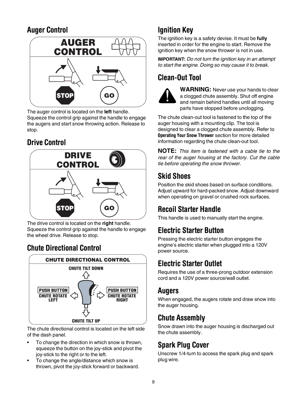 Troy-Bilt 7524 Auger Control, Drive Control, Chute Directional Control, Ignition Key, Clean-Out Tool, Skid Shoes, Augers 