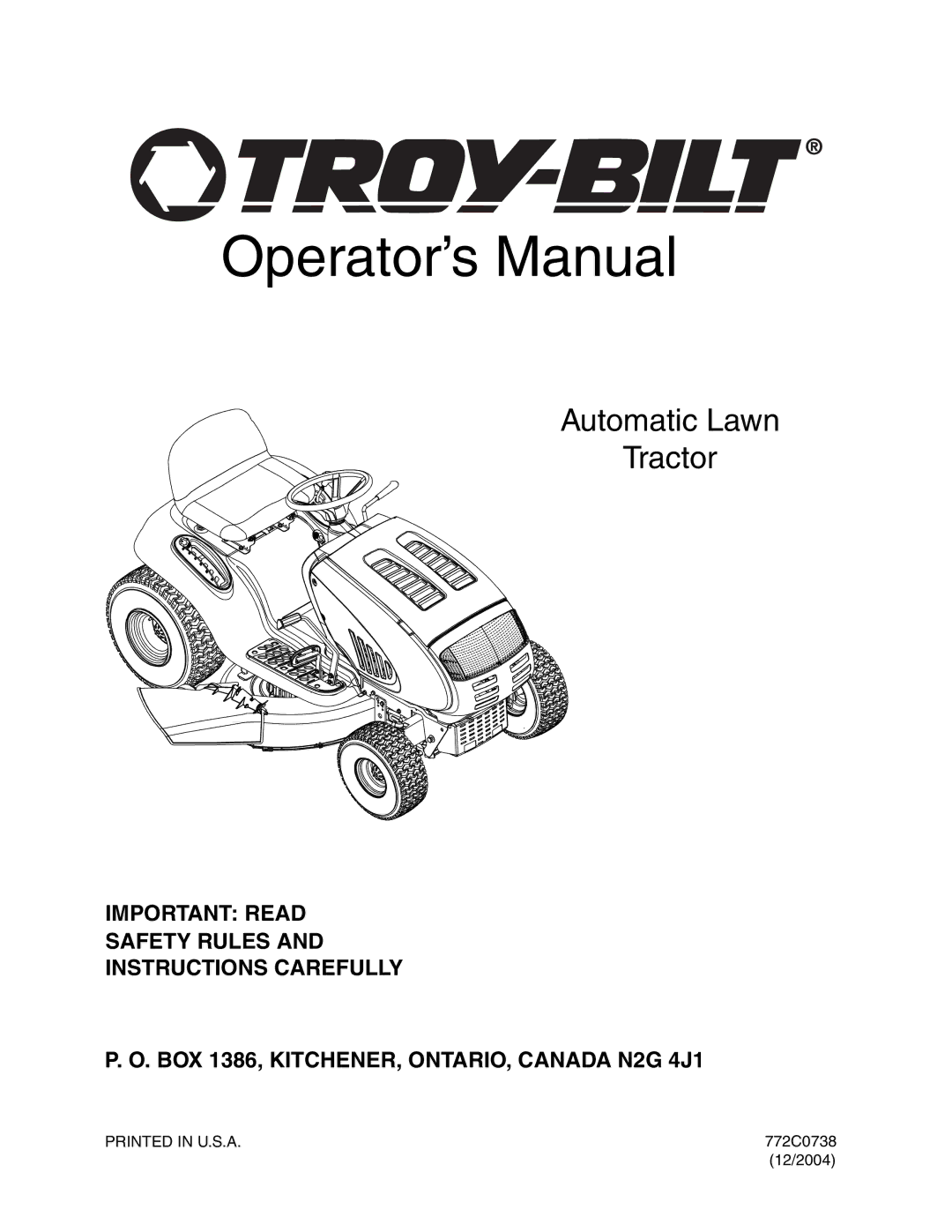 Troy-Bilt Automatic Lawn Tractor manual Operator’s Manual 