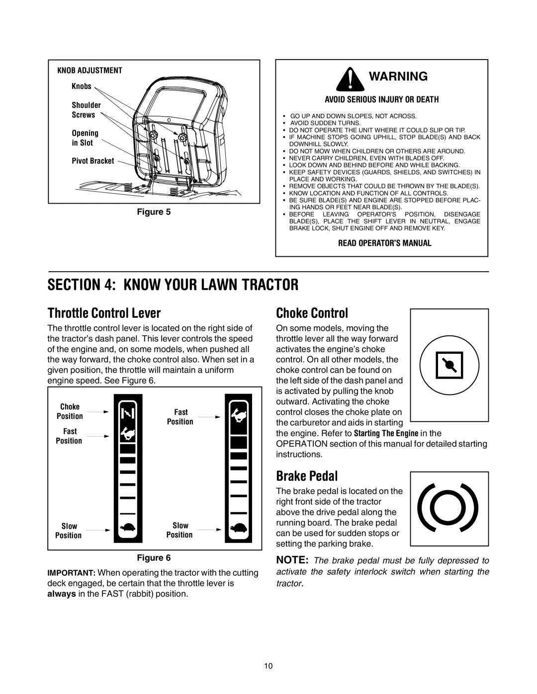 Troy-Bilt Automatic Lawn Tractor manual Know Your Lawn Tractor, Throttle Control Lever, Choke Control, Brake Pedal 