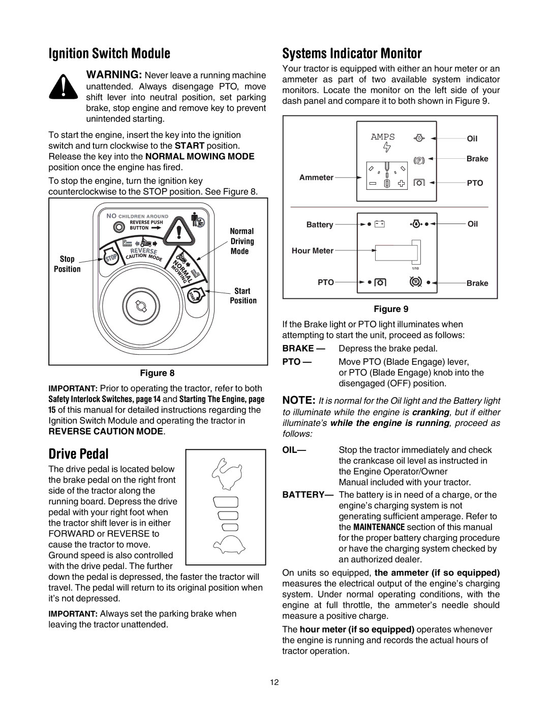 Troy-Bilt Automatic Lawn Tractor manual Ignition Switch Module, Drive Pedal, Systems Indicator Monitor 