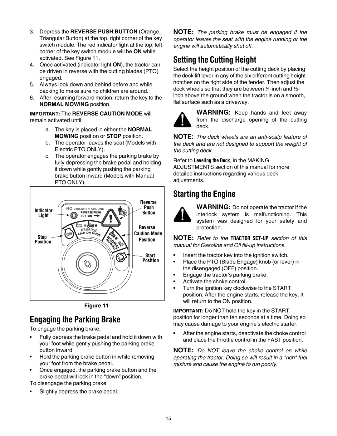 Troy-Bilt Automatic Lawn Tractor manual Engaging the Parking Brake, Setting the Cutting Height, Starting the Engine 