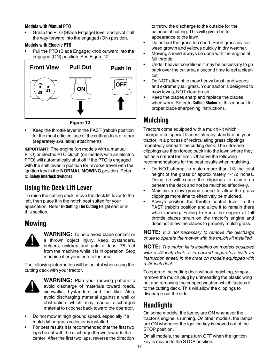 Troy-Bilt Automatic Lawn Tractor manual Using the Deck Lift Lever, Mowing, Mulching, Headlights, Off 