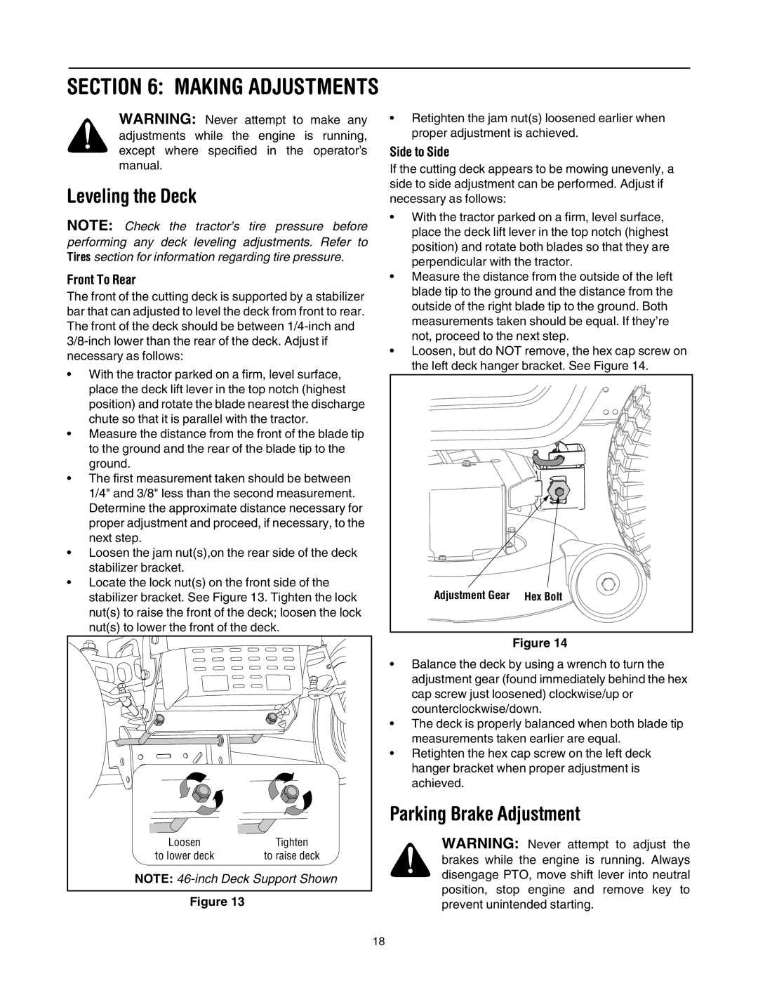 Troy-Bilt Automatic Lawn Tractor manual Making Adjustments, Leveling the Deck, Parking Brake Adjustment, Front To Rear 