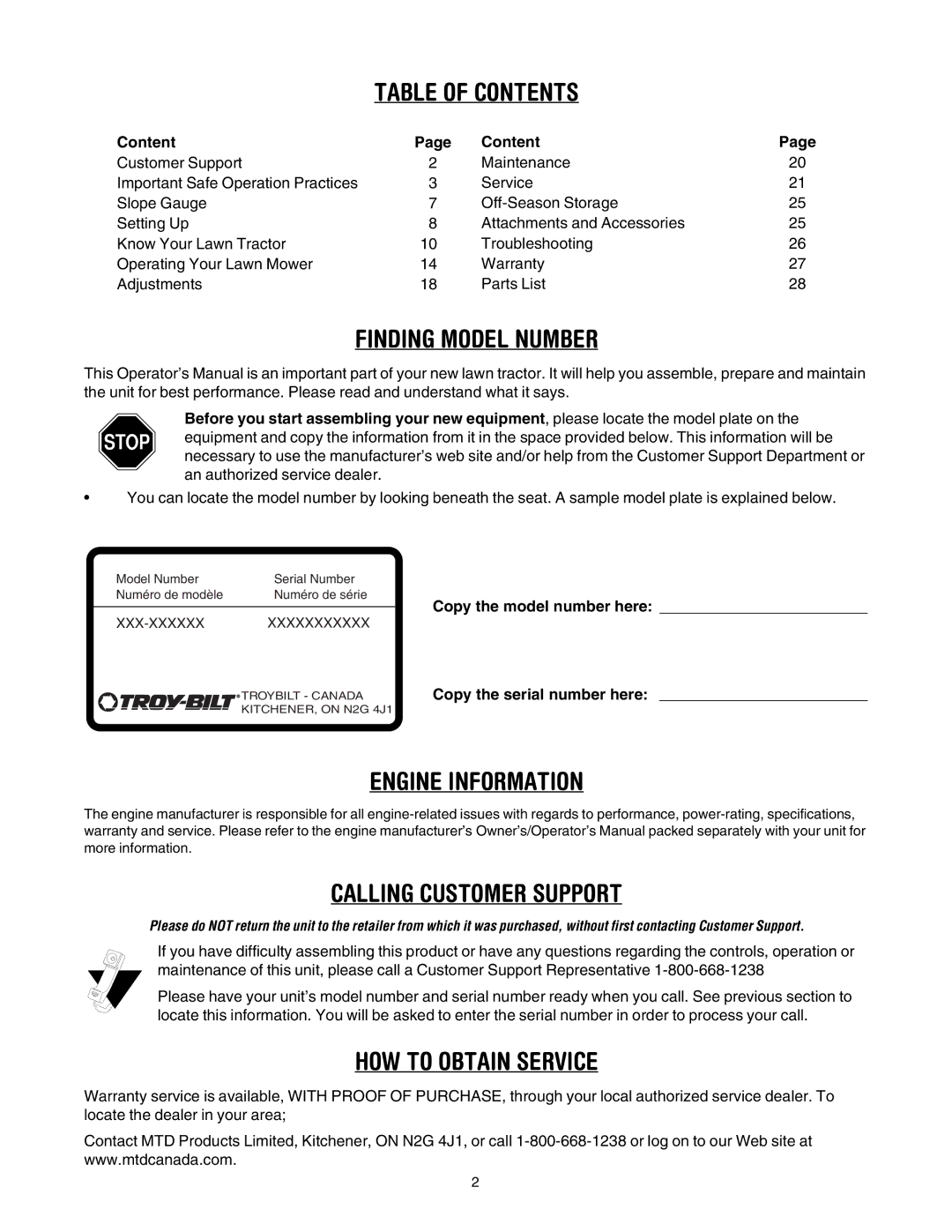 Troy-Bilt Automatic Lawn Tractor manual Table of Contents 