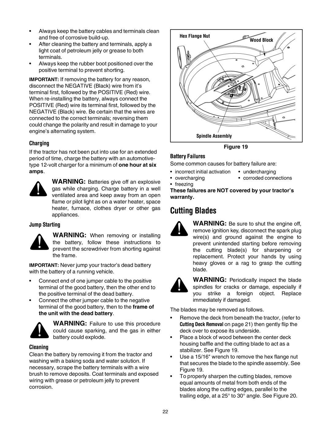 Troy-Bilt Automatic Lawn Tractor manual Cutting Blades, Charging, Jump Starting, Cleaning, Battery Failures 