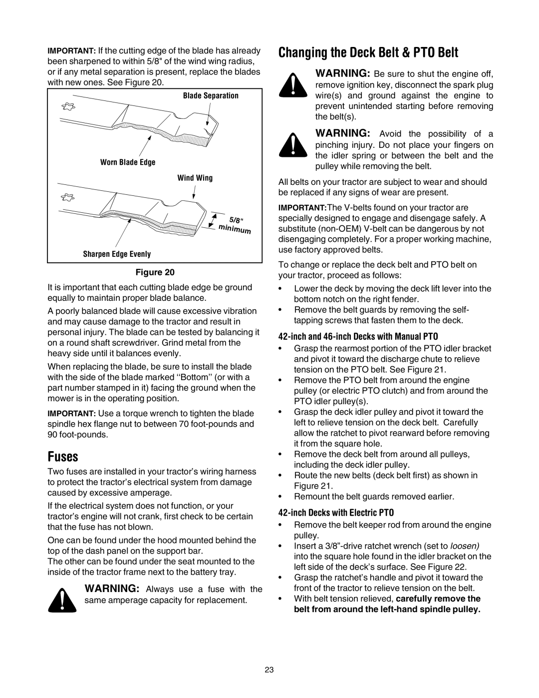 Troy-Bilt Automatic Lawn Tractor manual Fuses, Changing the Deck Belt & PTO Belt, Inch and 46-inch Decks with Manual PTO 