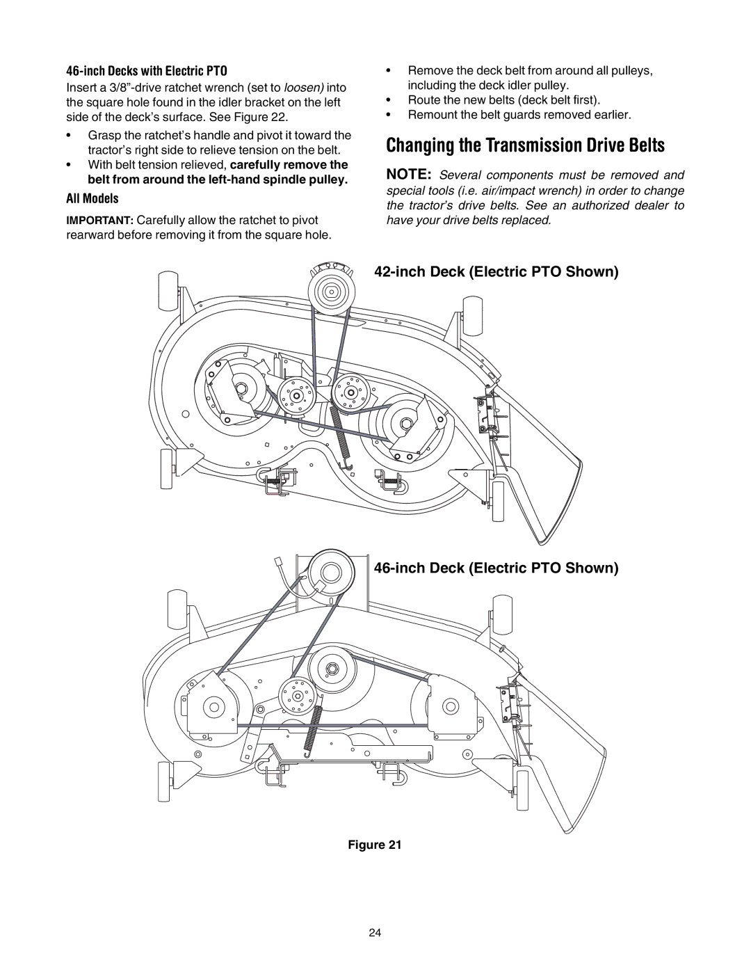 Troy-Bilt Automatic Lawn Tractor manual Changing the Transmission Drive Belts, All Models 