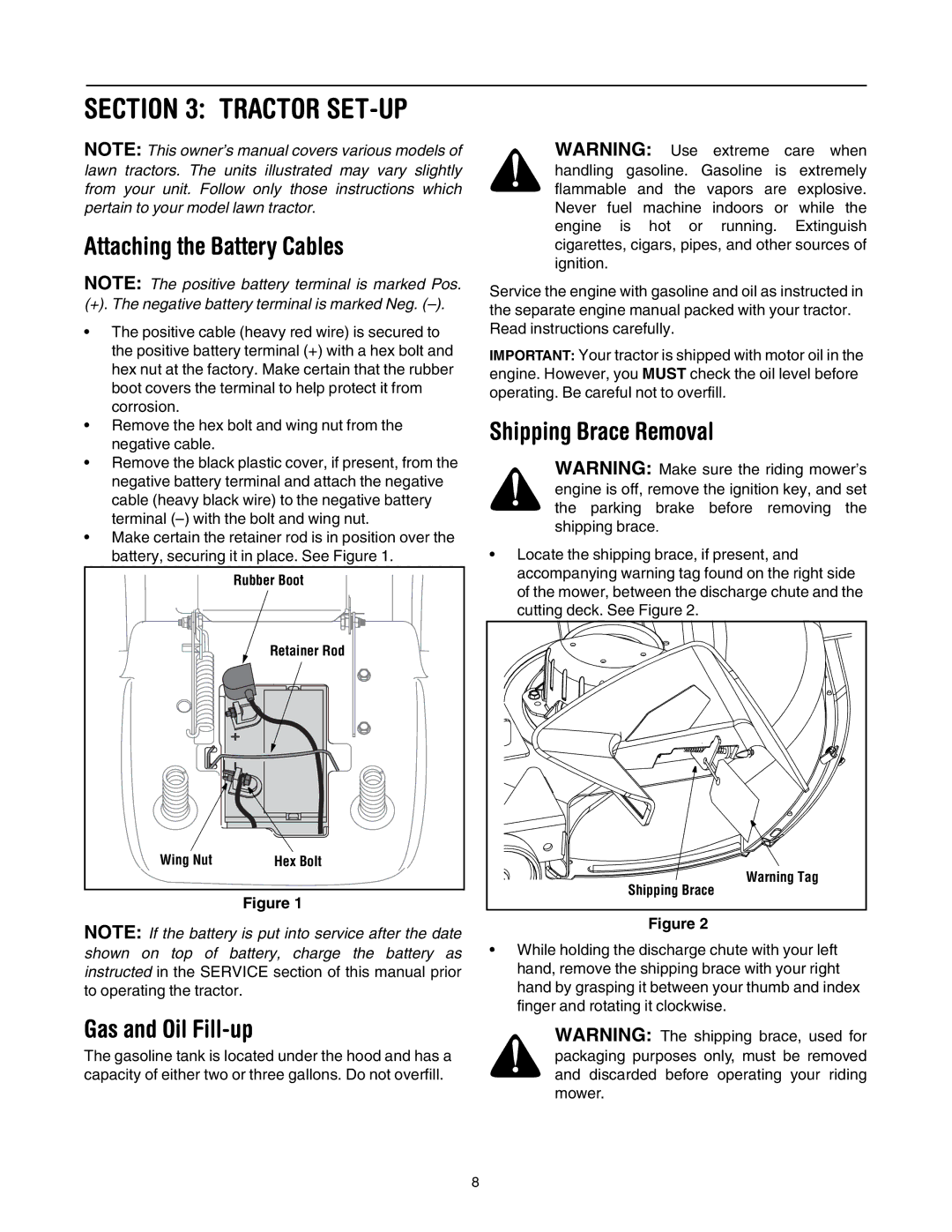 Troy-Bilt Automatic Lawn Tractor manual Attaching the Battery Cables, Gas and Oil Fill-up, Shipping Brace Removal 