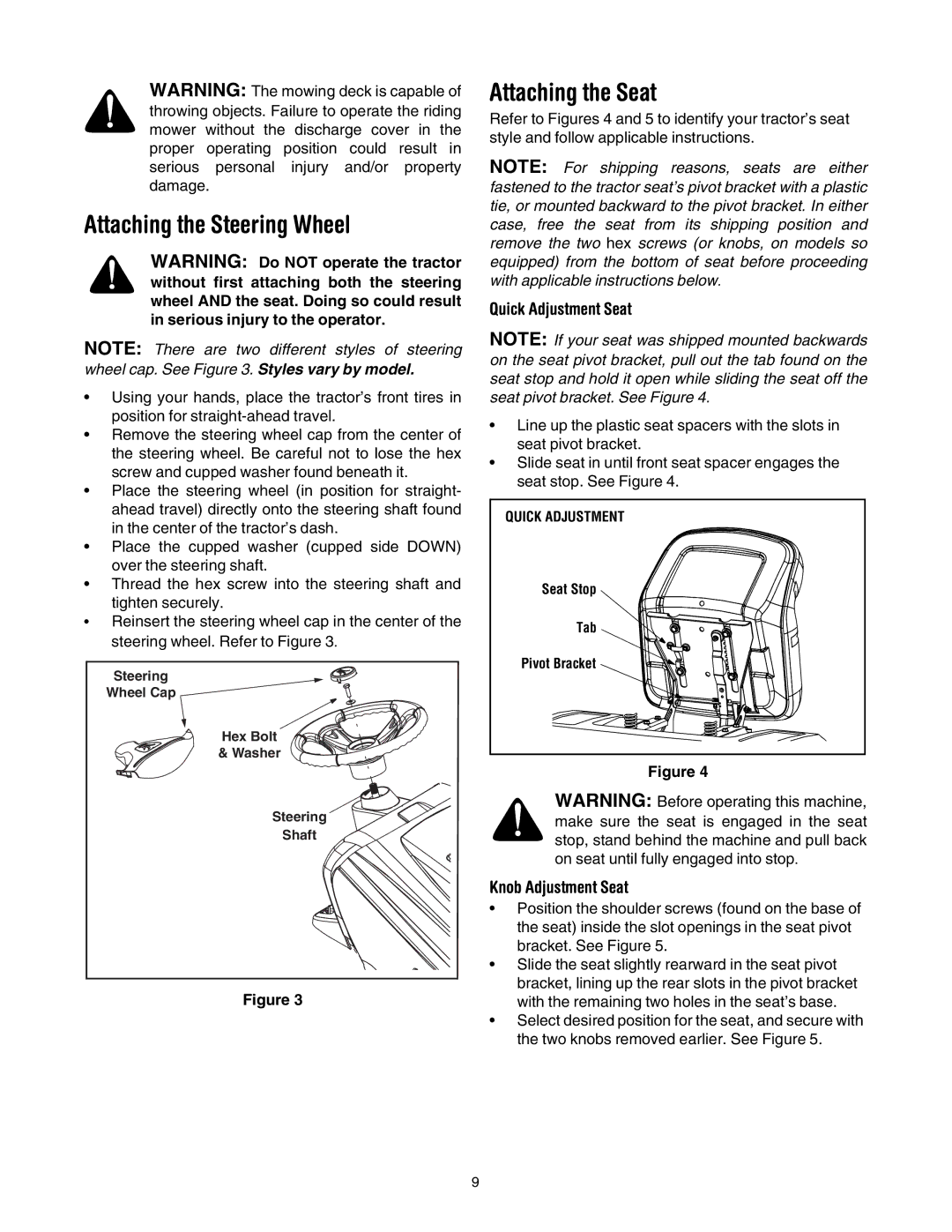 Troy-Bilt Automatic Lawn Tractor manual Attaching the Steering Wheel, Attaching the Seat, Quick Adjustment Seat 