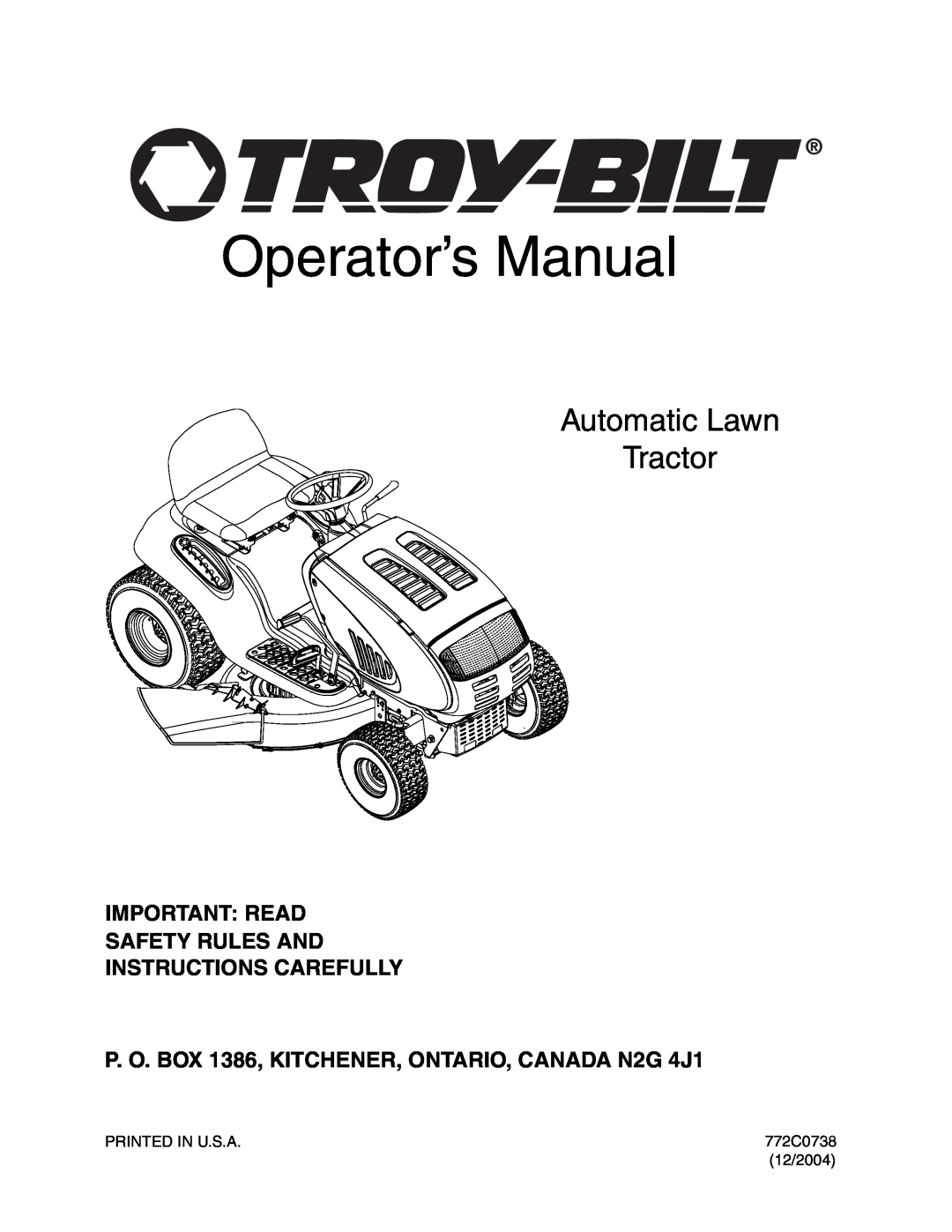 Troy-Bilt Automatic Lawn Tractor manual Operator’s Manual, Important Read Safety Rules And Instructions Carefully 