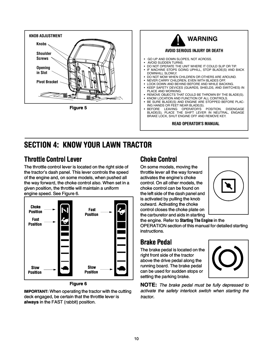 Troy-Bilt Automatic Lawn Tractor manual Know Your Lawn Tractor, Throttle Control Lever, Choke Control, Brake Pedal 