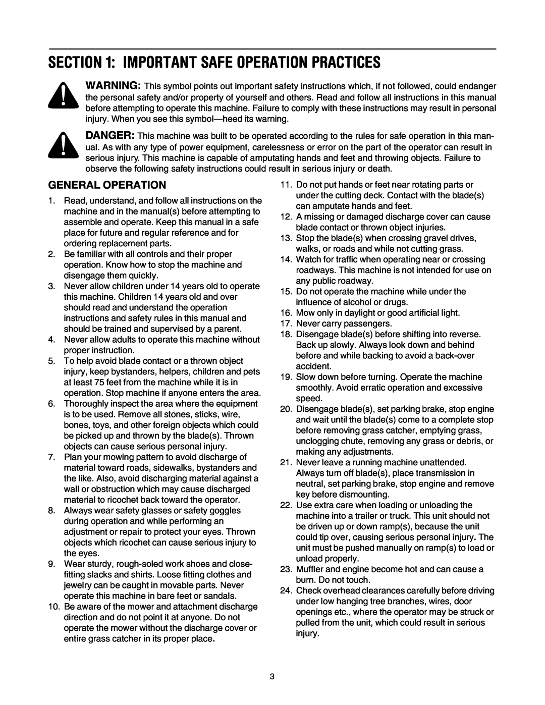 Troy-Bilt Automatic Lawn Tractor manual Important Safe Operation Practices, General Operation 