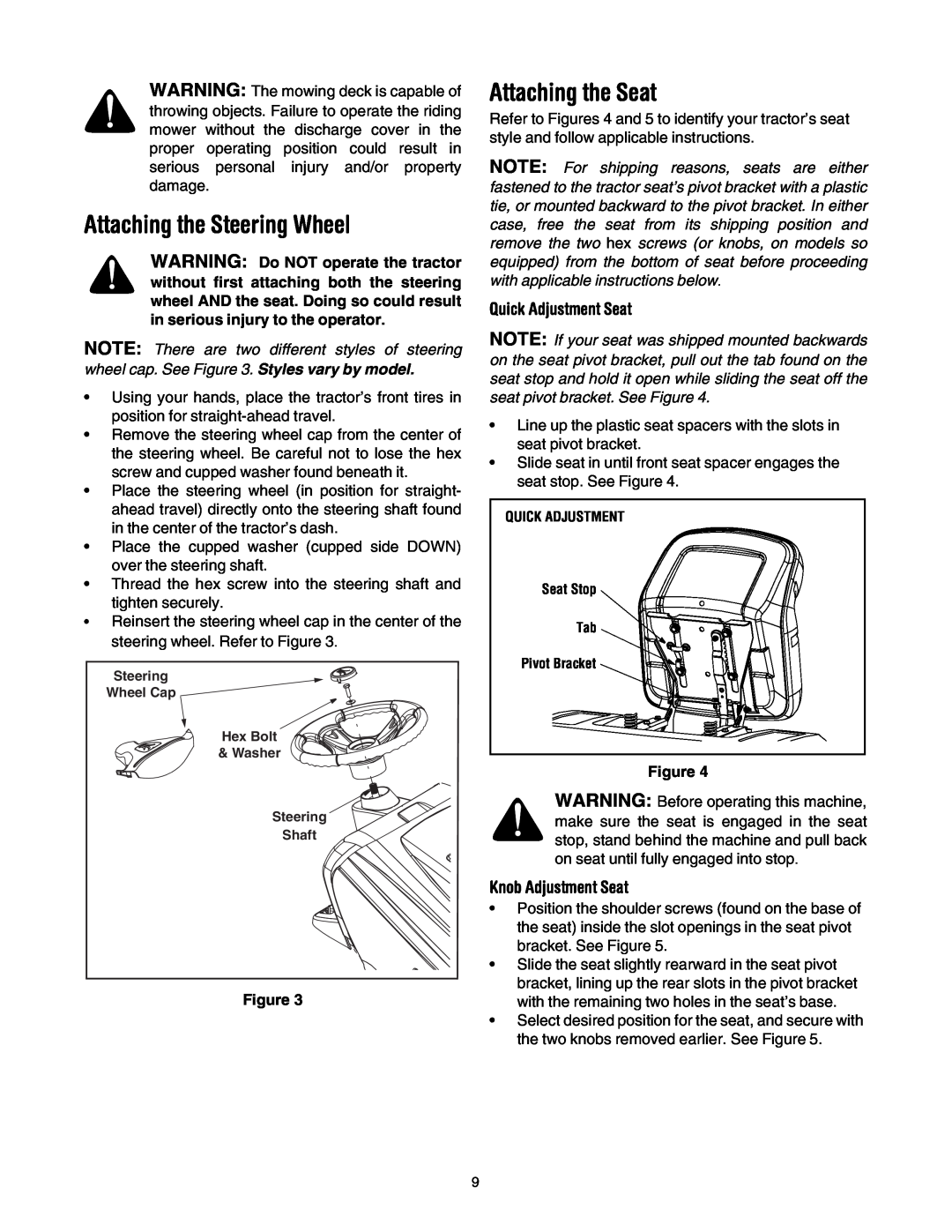 Troy-Bilt Automatic Lawn Tractor manual Attaching the Steering Wheel, Attaching the Seat, Quick Adjustment Seat 