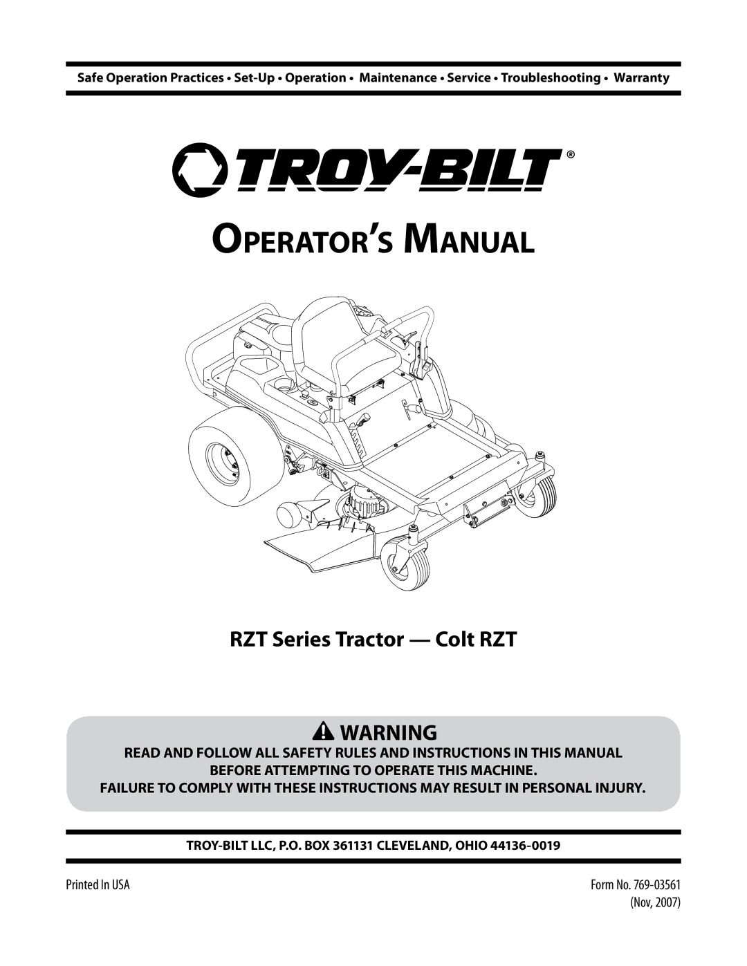 Troy-Bilt Colt RZT warranty Operator’s Manual 