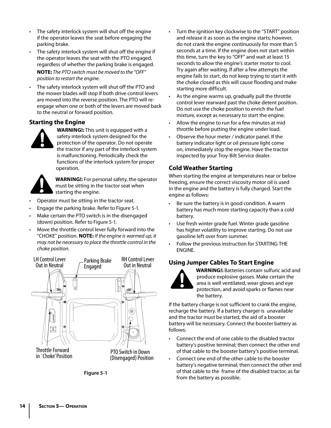 Troy-Bilt Colt RZT warranty Starting the Engine, Cold Weather Starting, Using Jumper Cables To Start Engine, Parking Brake 