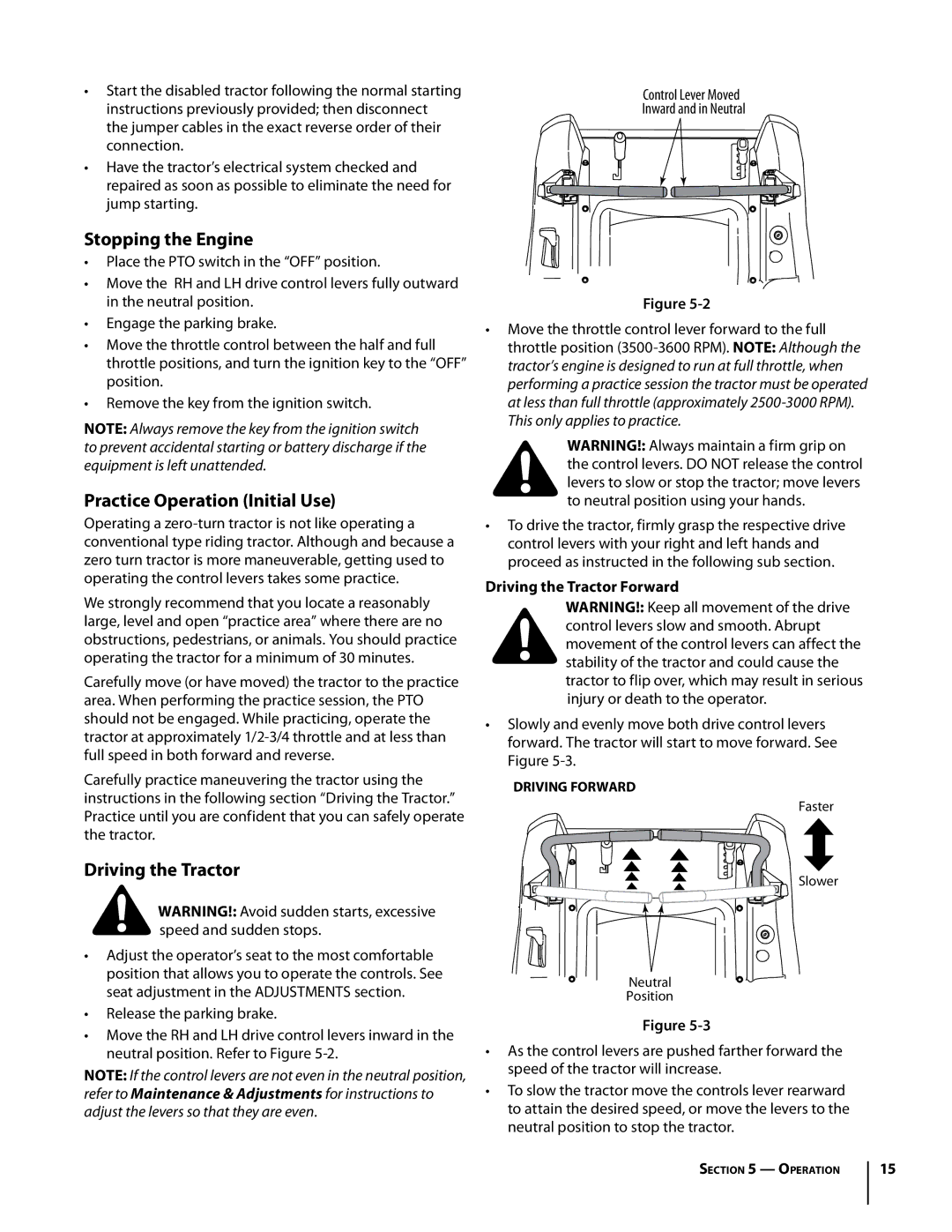 Troy-Bilt Colt RZT warranty Stopping the Engine, Practice Operation Initial Use, Driving the Tractor Forward 