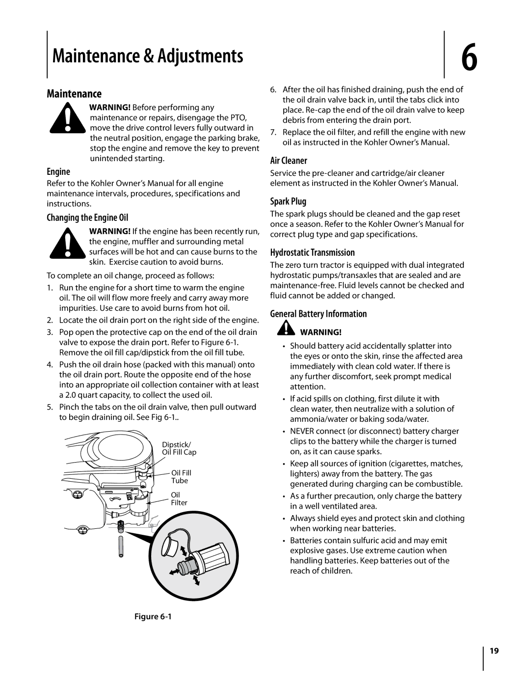 Troy-Bilt Colt RZT warranty Maintenance, Engine Changing the Engine Oil, Air Cleaner Spark Plug Hydrostatic Transmission 