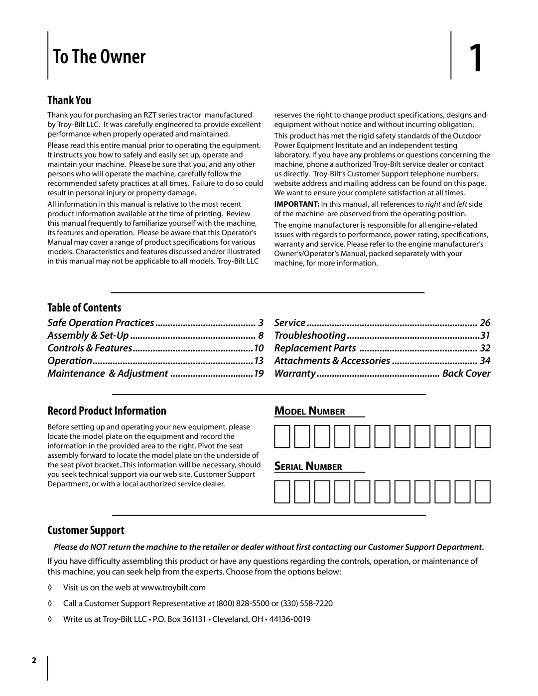 Troy-Bilt Colt RZT warranty To The Owner, Thank You, Table of Contents, Record Product Information, Customer Support 