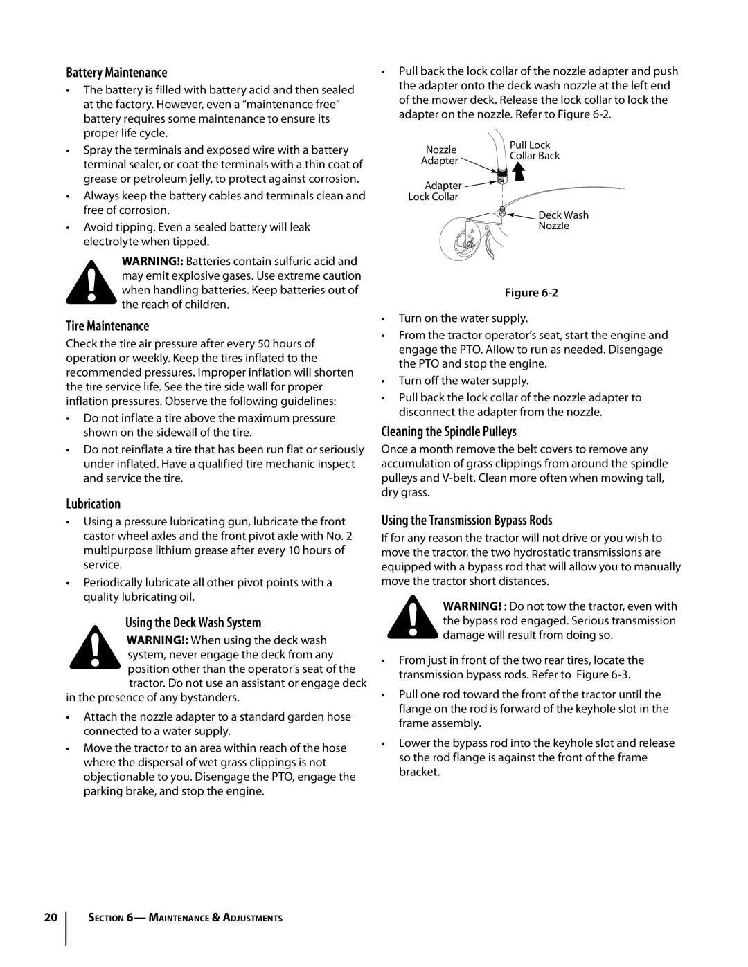 Troy-Bilt Colt RZT warranty Battery Maintenance, Tire Maintenance, Lubrication, Using the Deck Wash System 