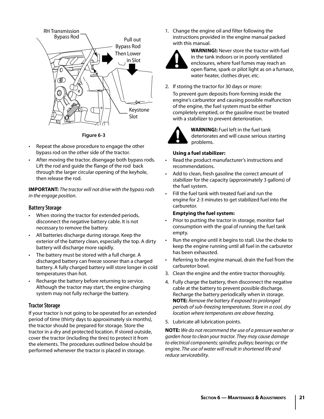 Troy-Bilt Colt RZT warranty Battery Storage, Tractor Storage, Using a fuel stabilizer, Emptying the fuel system 