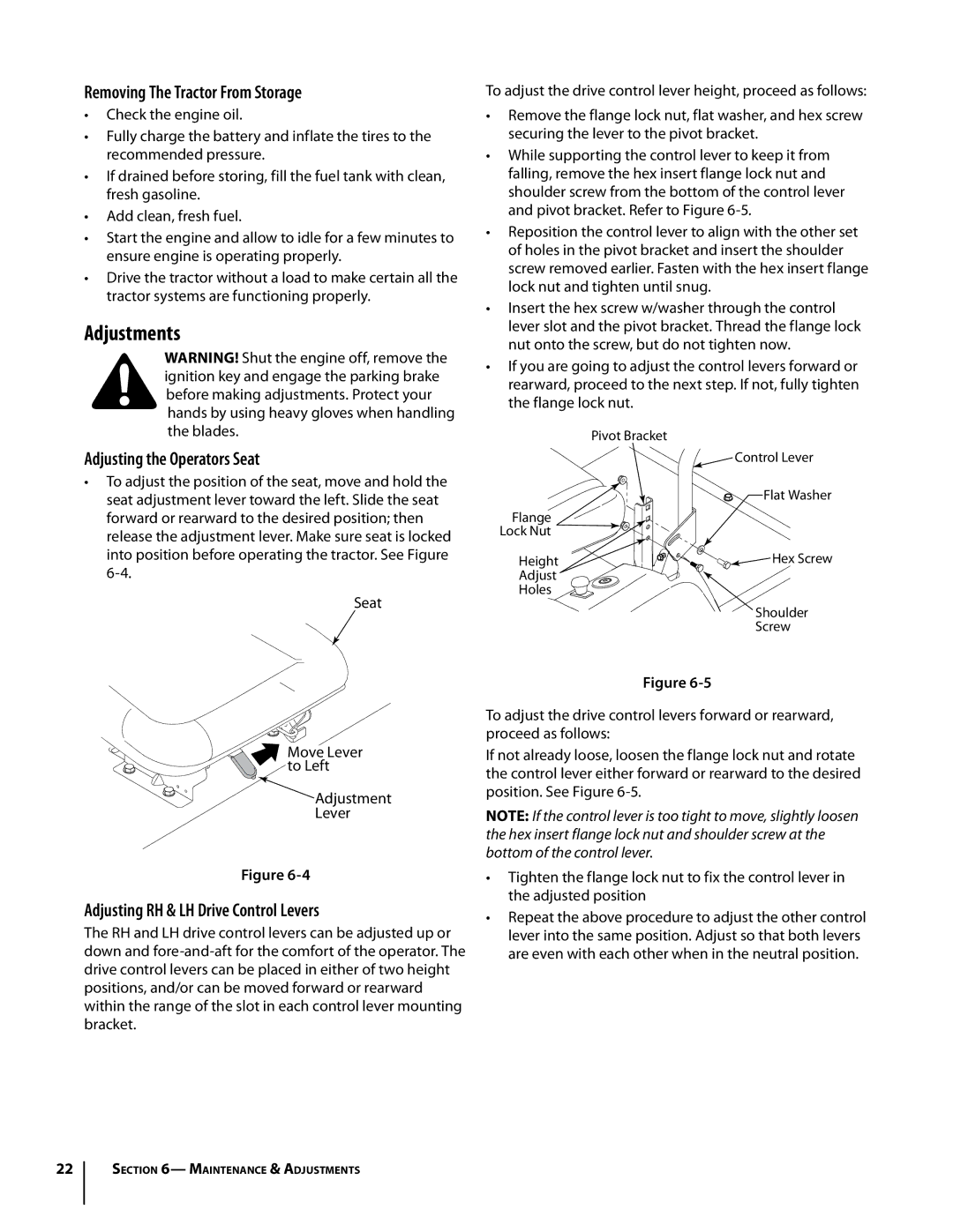 Troy-Bilt Colt RZT warranty Adjustments, Removing The Tractor From Storage, Adjusting the Operators Seat 