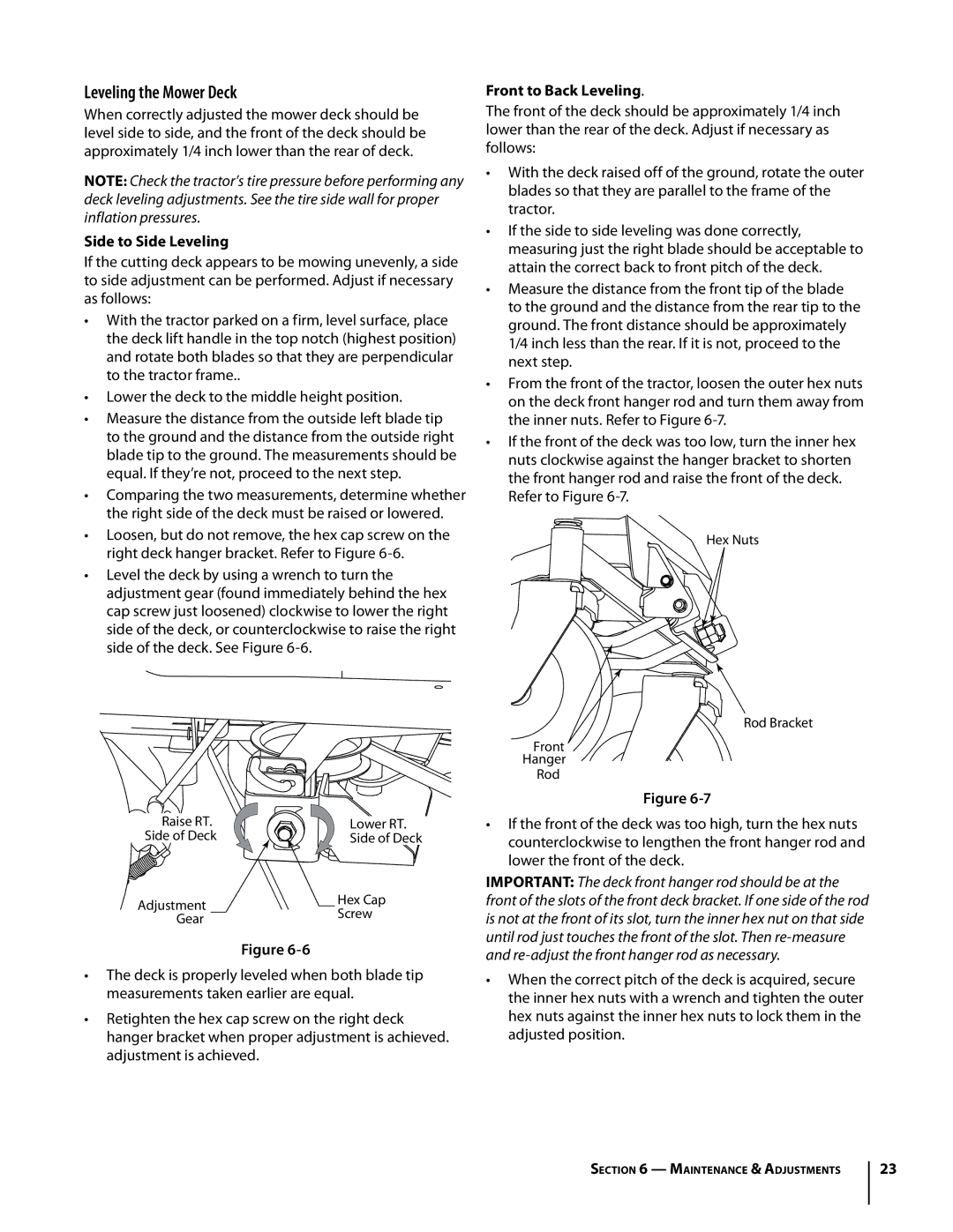 Troy-Bilt Colt RZT warranty Leveling the Mower Deck, Side to Side Leveling, Front to Back Leveling, Refer to Figure 