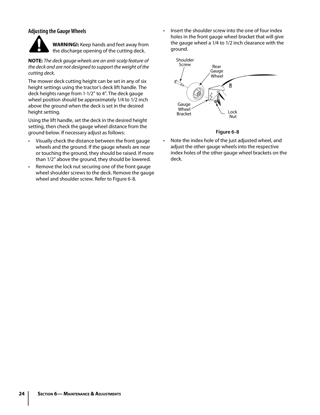 Troy-Bilt Colt RZT warranty Adjusting the Gauge Wheels, Shoulder Screw Rear Gauge Wheel 