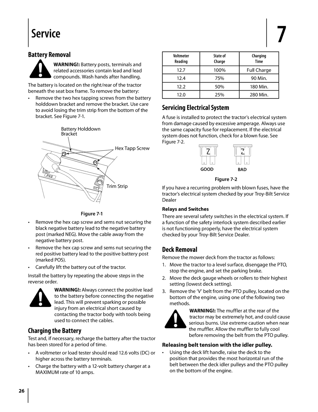 Troy-Bilt Colt RZT warranty Service, Battery Removal, Servicing Electrical System, Charging the Battery, Deck Removal 