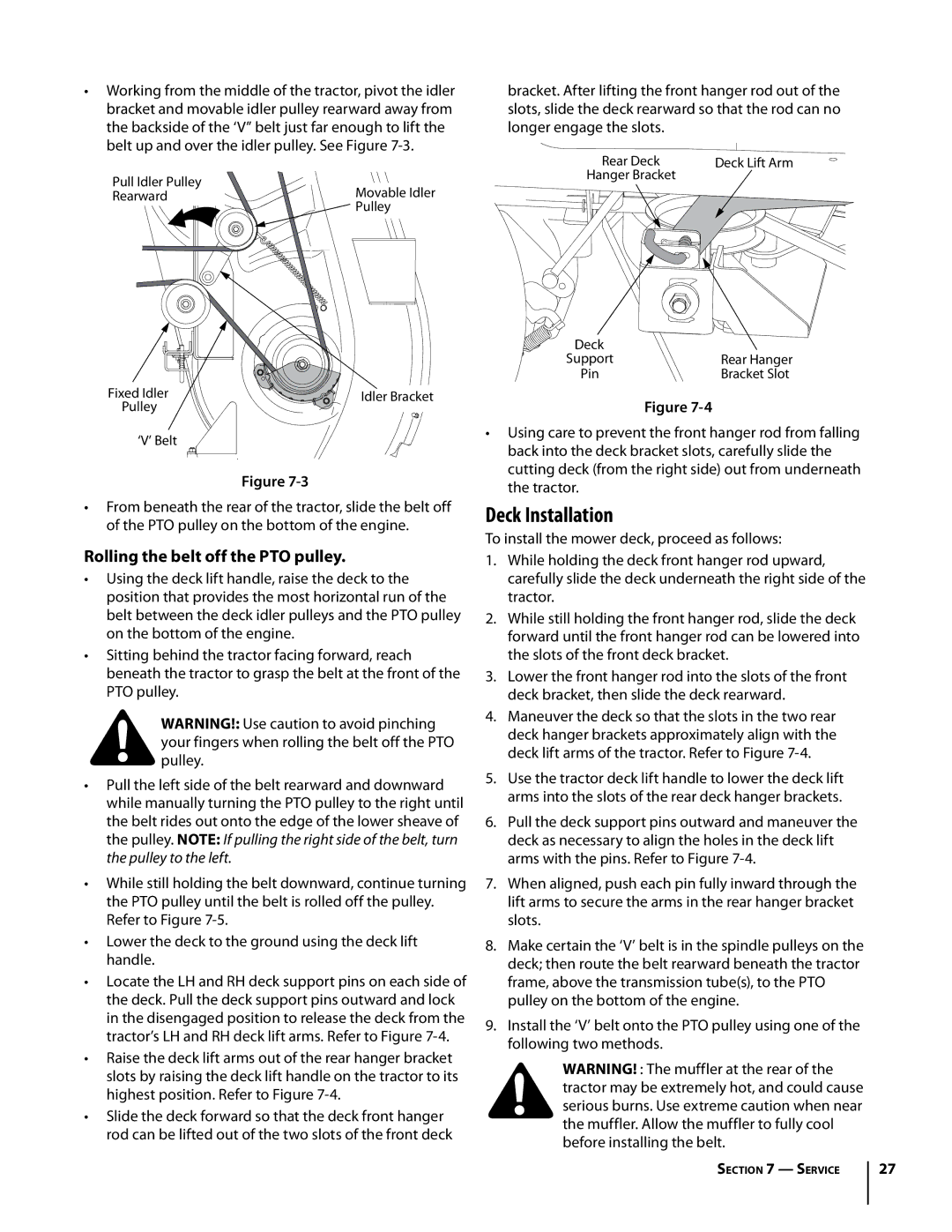 Troy-Bilt Colt RZT warranty Deck Installation, Rolling the belt off the PTO pulley 