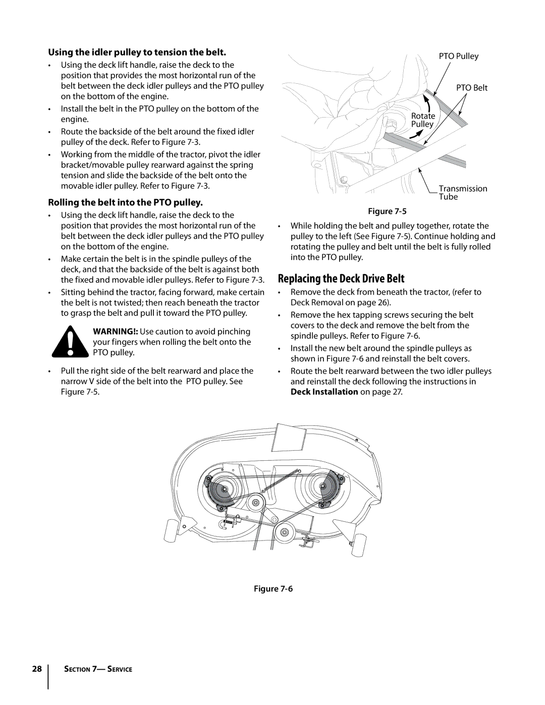 Troy-Bilt Colt RZT warranty Replacing the Deck Drive Belt, Using the idler pulley to tension the belt 