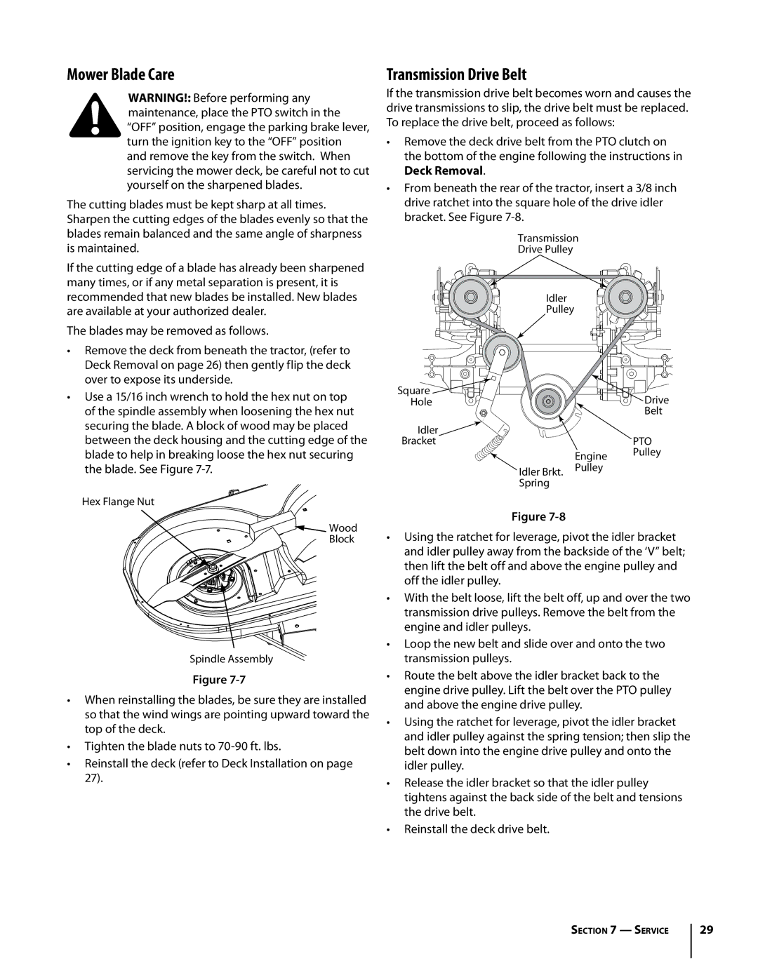 Troy-Bilt Colt RZT warranty Mower Blade Care, Transmission Drive Belt, Blades may be removed as follows 