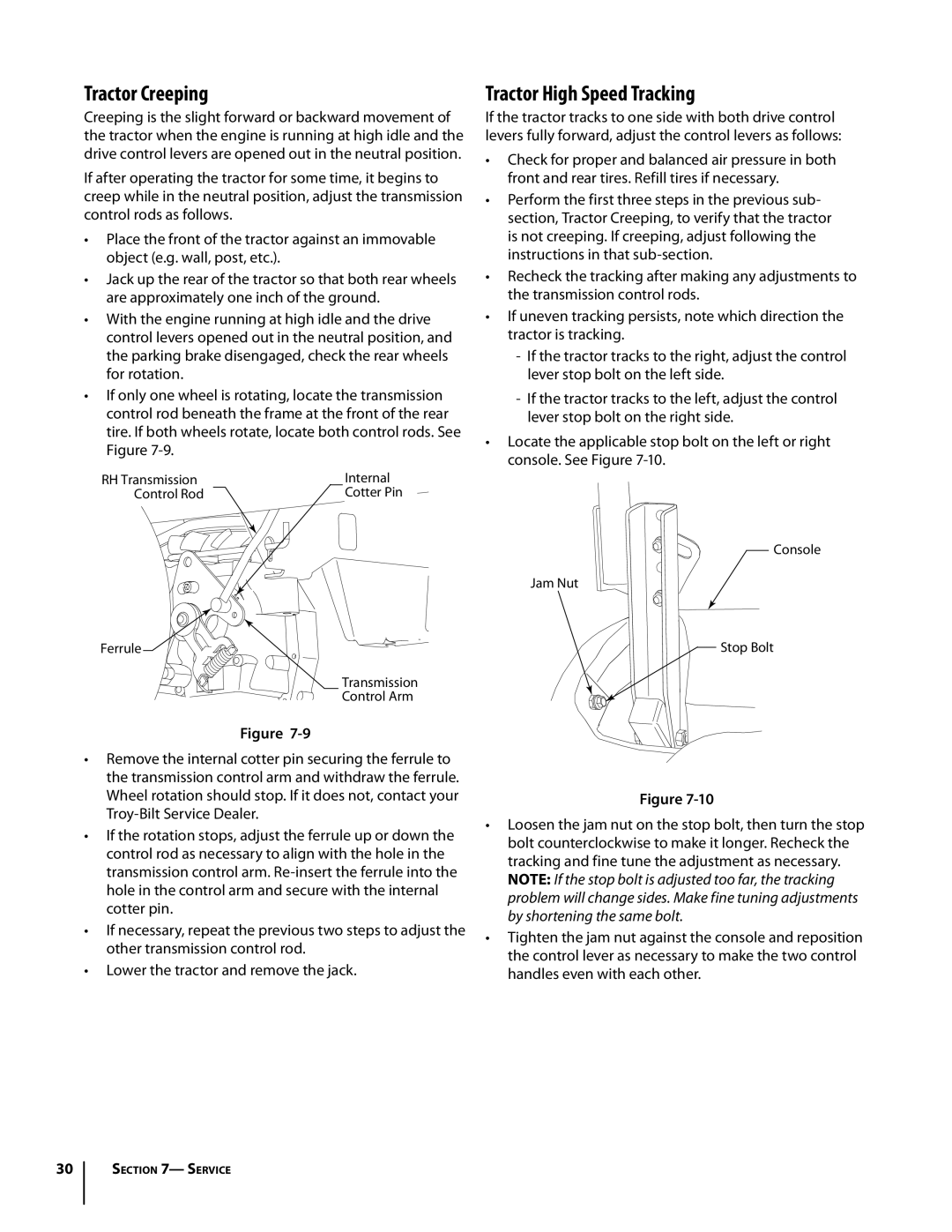 Troy-Bilt Colt RZT warranty Tractor Creeping, Tractor High Speed Tracking, Console Jam Nut Stop Bolt 