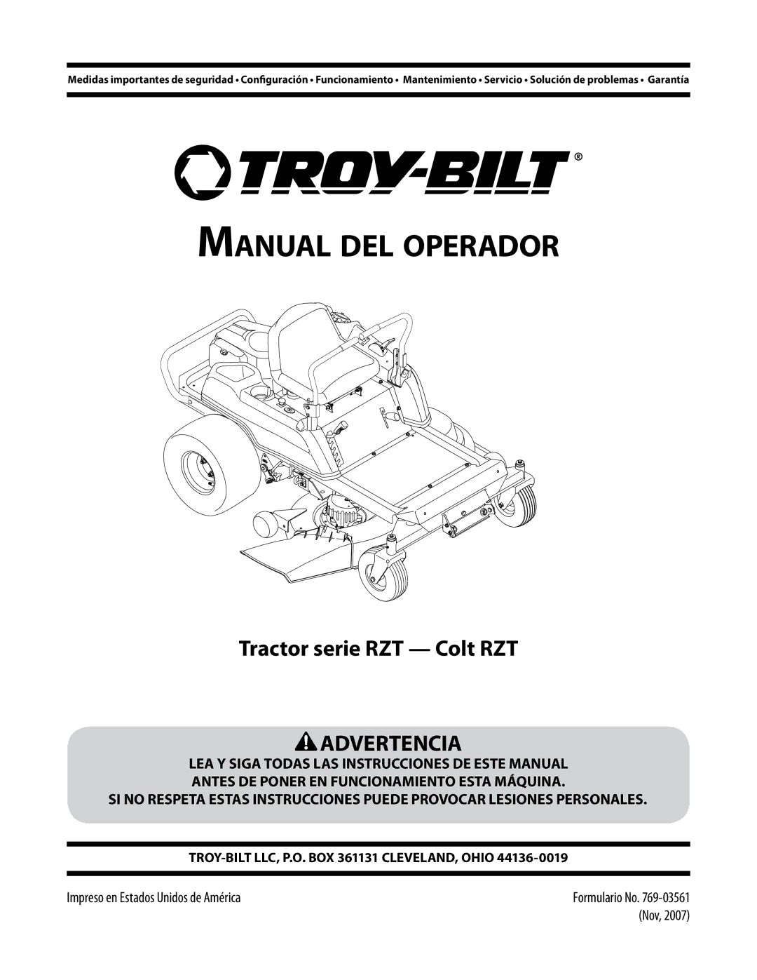 Troy-Bilt Colt RZT warranty Manual del operador 