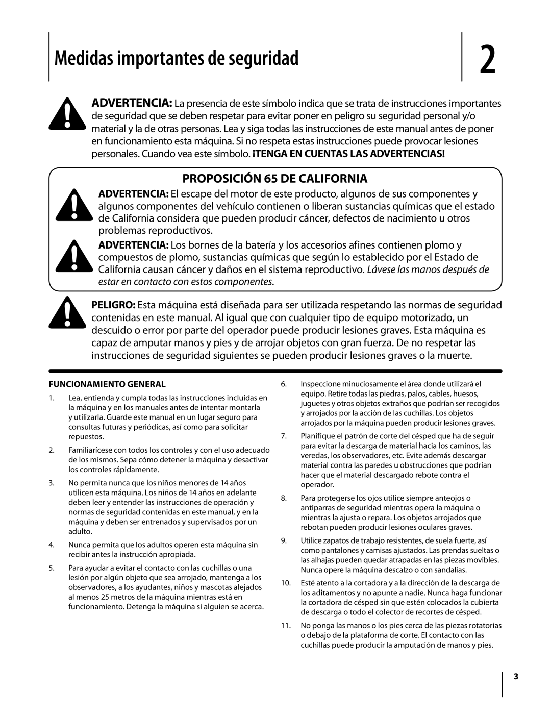 Troy-Bilt Colt RZT warranty Medidas importantes de seguridad, Proposición 65 de California, Funcionamiento general 