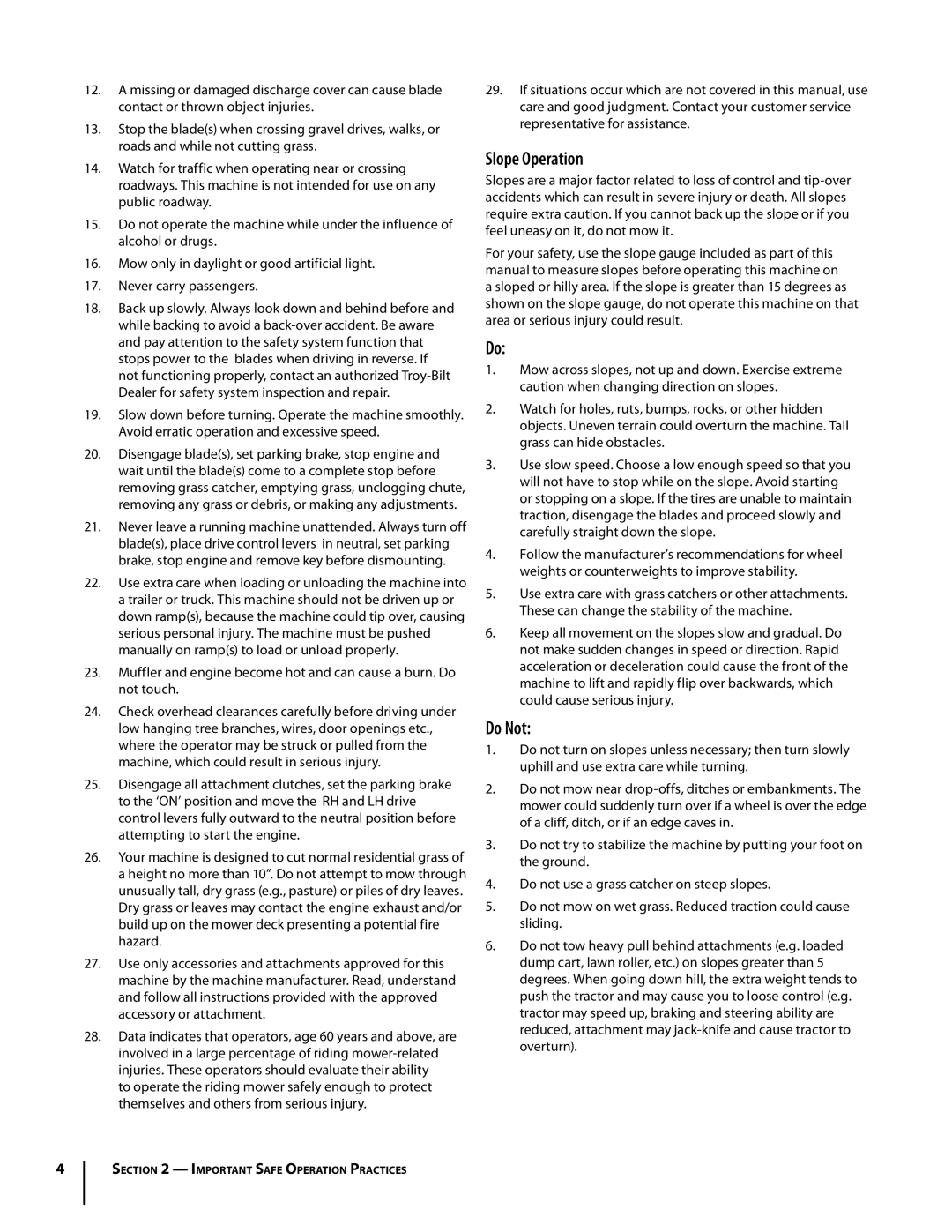 Troy-Bilt Colt RZT warranty Slope Operation, Do Not 