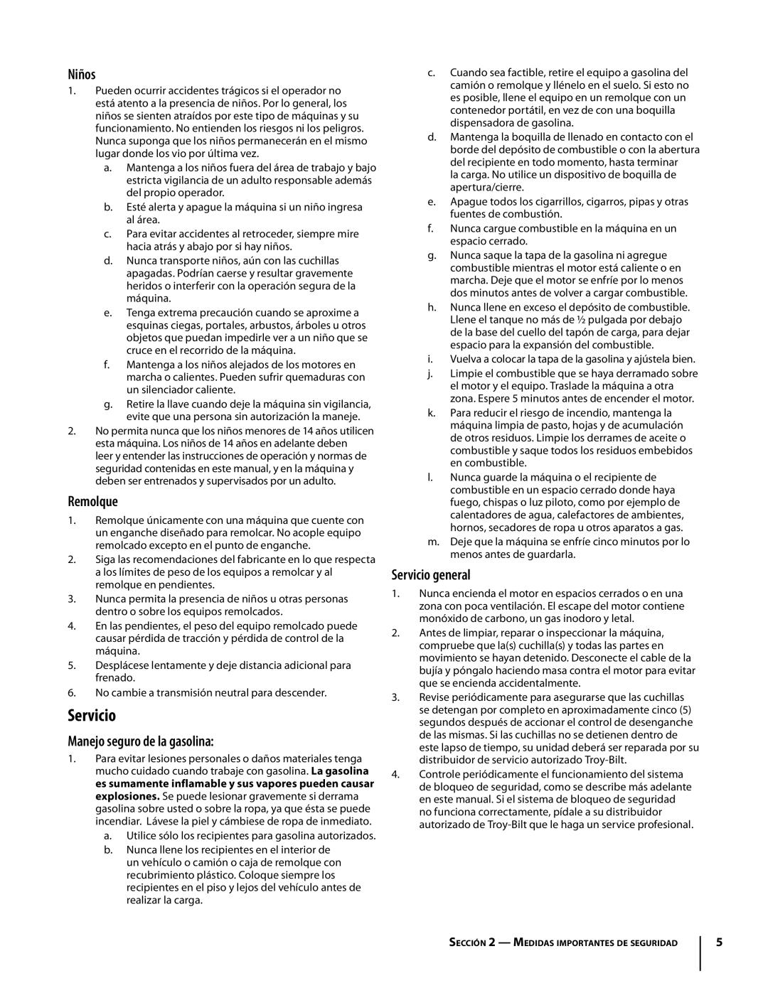 Troy-Bilt Colt RZT warranty Niños, Remolque, Manejo seguro de la gasolina, Servicio general 