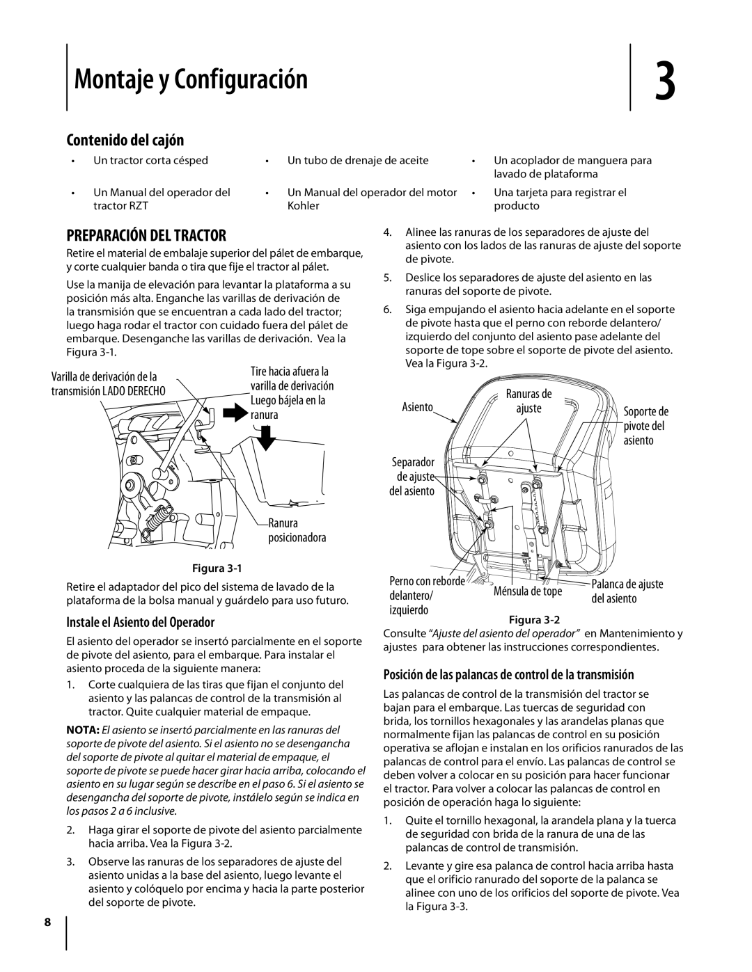 Troy-Bilt Colt RZT Montaje y Configuración, Contenido del cajón, Preparación del tractor, Instale el asiento del operador 