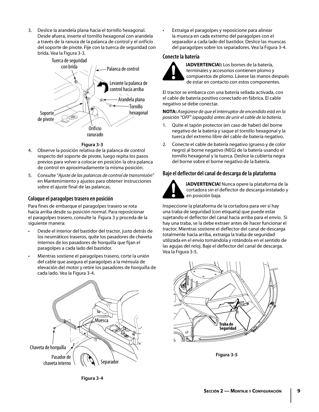 Troy-Bilt Colt RZT warranty Conecte la batería, Coloque el paragolpes trasero en posición 