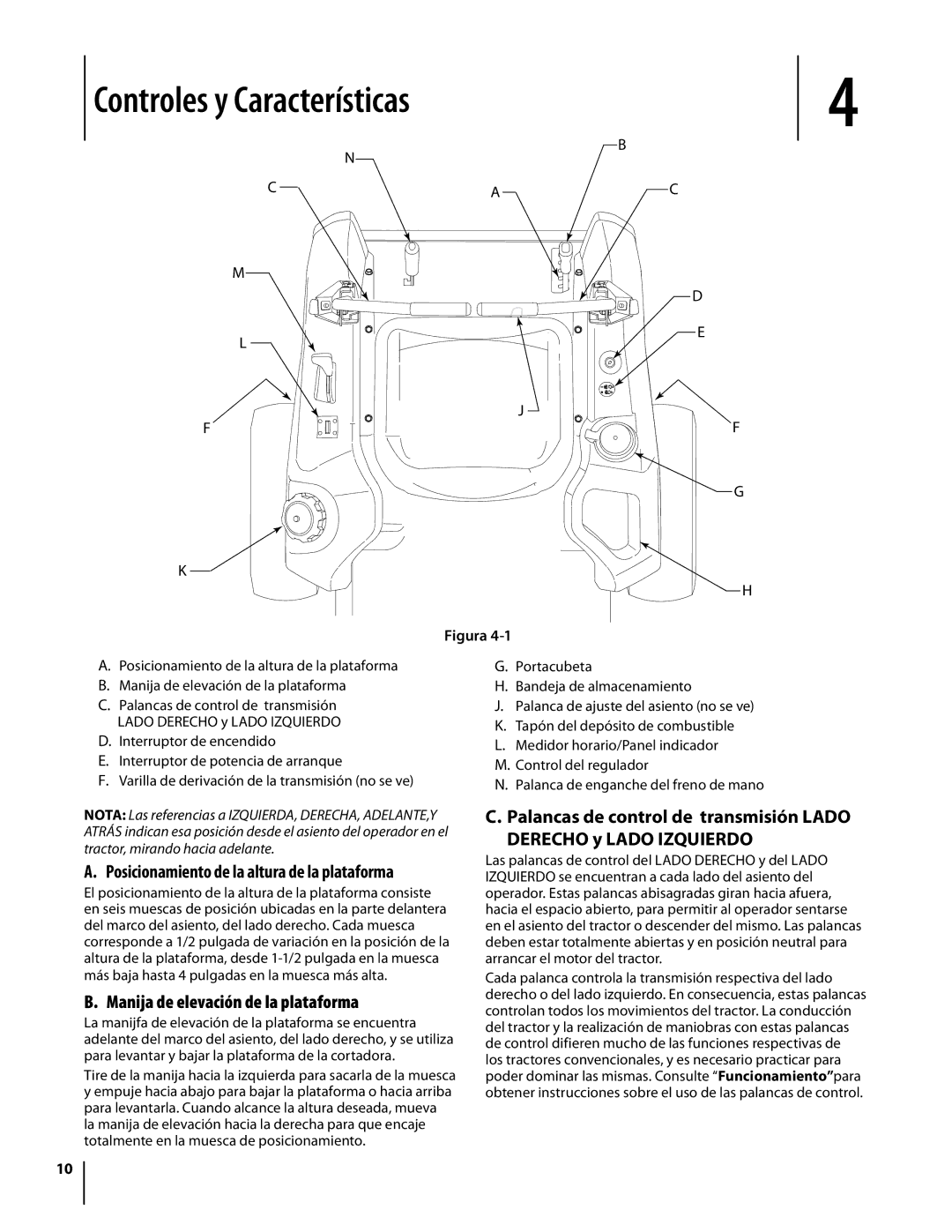 Troy-Bilt Colt RZT warranty Controles y Características, Manija de elevación de la plataforma 