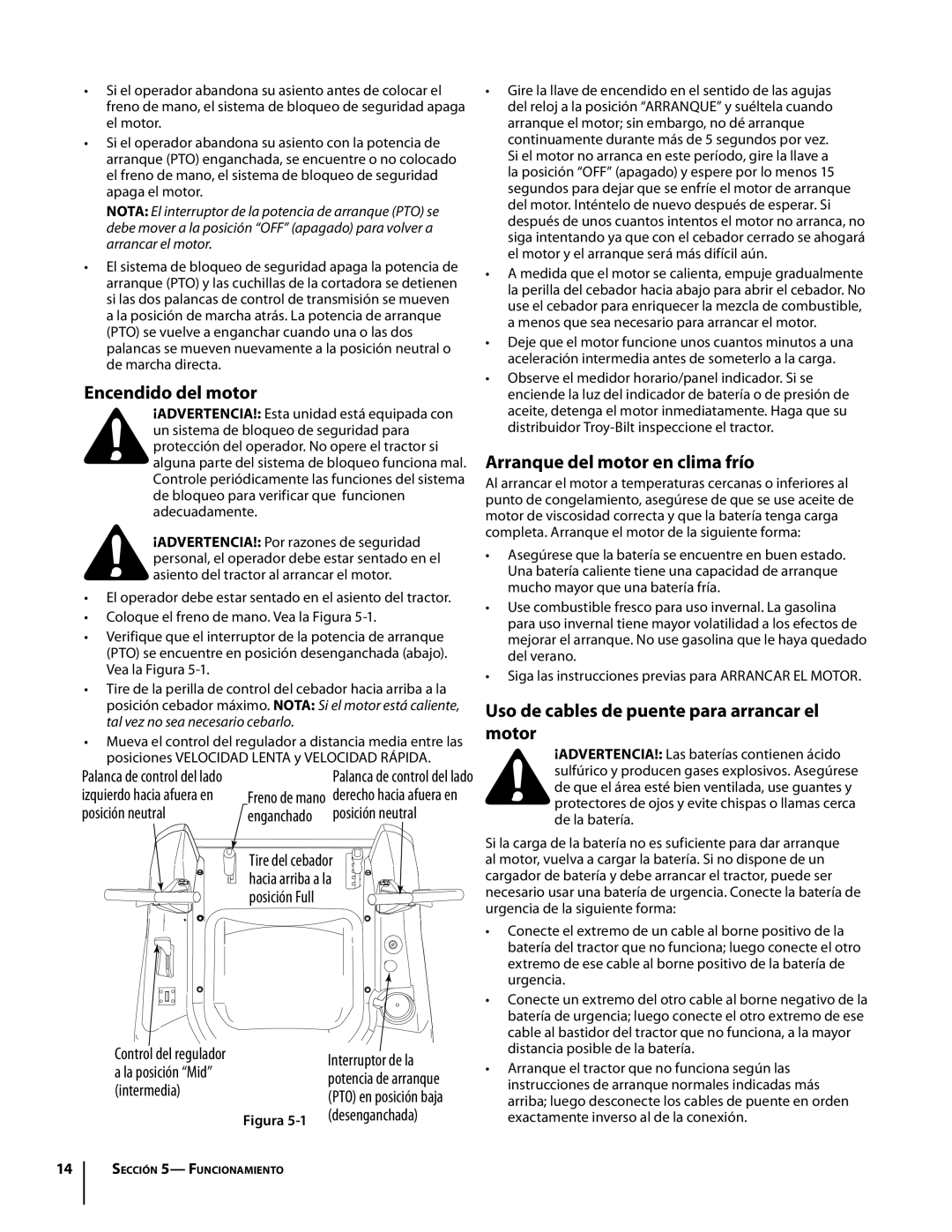 Troy-Bilt Colt RZT Encendido del motor, Arranque del motor en clima frío, Uso de cables de puente para arrancar el motor 