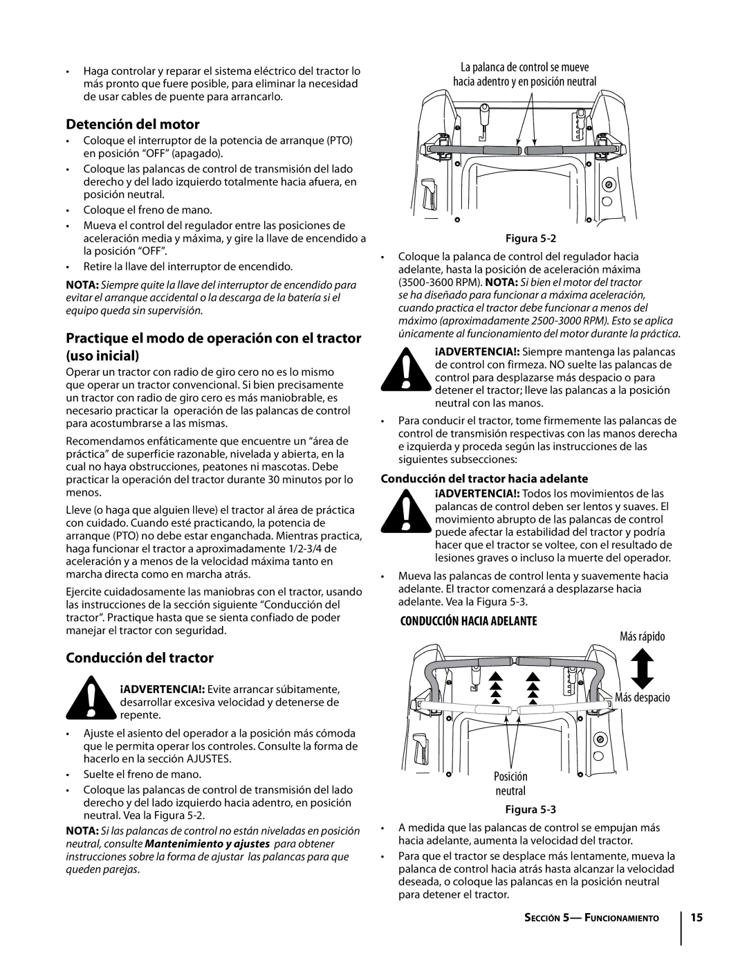 Troy-Bilt Colt RZT Detención del motor, Practique el modo de operación con el tractor uso inicial, Conducción del tractor 