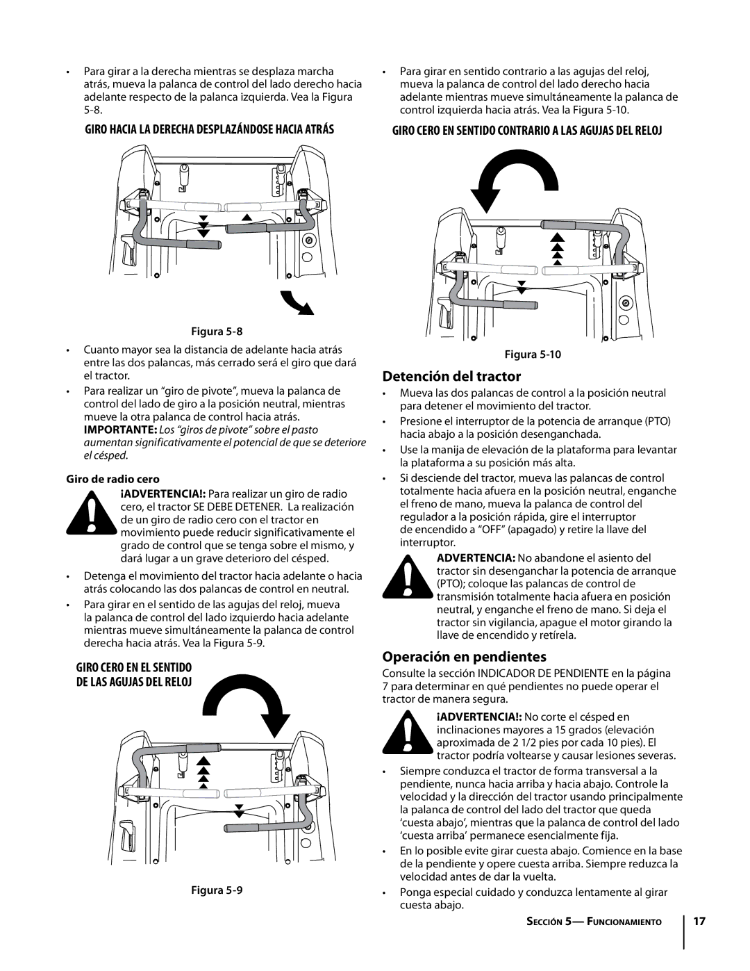 Troy-Bilt Colt RZT warranty Detención del tractor, Operación en pendientes, Giro de radio cero 