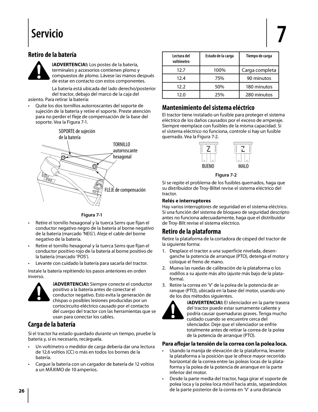 Troy-Bilt Colt RZT warranty Servicio, Retiro de la batería, Carga de la batería, Mantenimiento del sistema eléctrico 