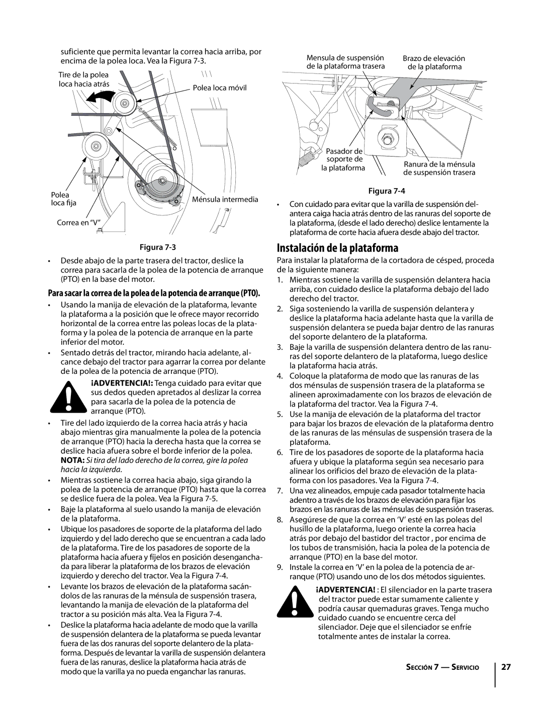 Troy-Bilt Colt RZT warranty Instalación de la plataforma, Mensula de suspensión, De la plataforma trasera, Soporte de 