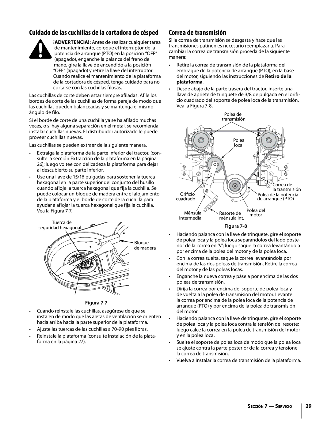 Troy-Bilt Colt RZT warranty Correa de transmisión, Cuidado de las cuchillas de la cortadora de césped 