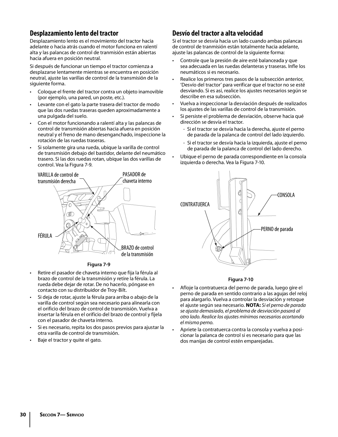 Troy-Bilt Colt RZT warranty Desplazamiento lento del tractor, Desvío del tractor a alta velocidad, Contratuerca 